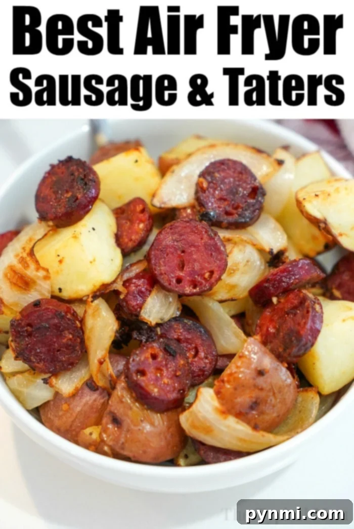 Perfectly cooked air fryer sausage and potatoes served on a plate