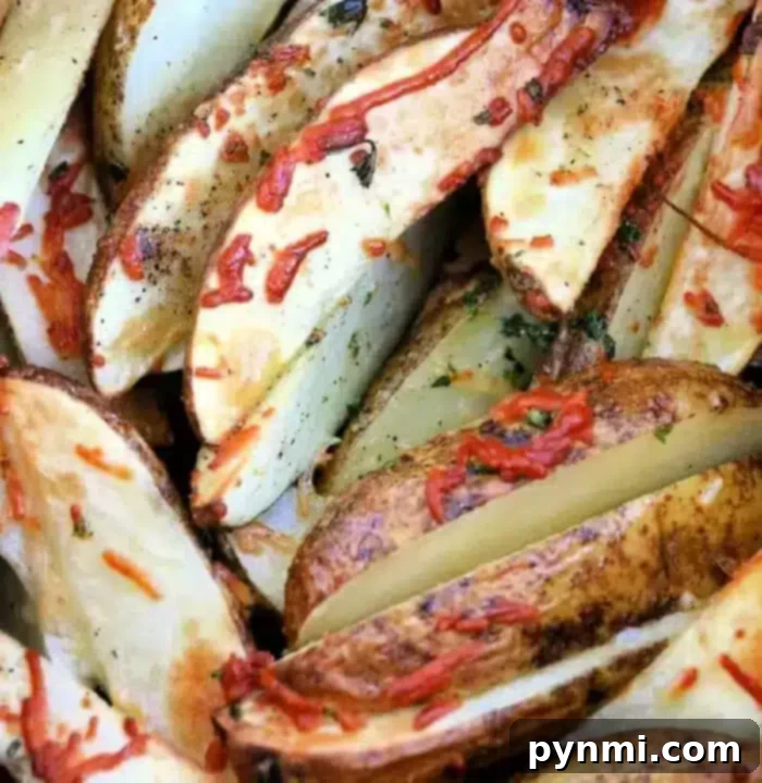 Crispy Air Fryer Potato Wedges 2 Close-up of air fryer potato wedges topped with shredded cheese and herbs. The wedges are golden brown and appear crispy, with visible seasoning flecks and melted cheese.