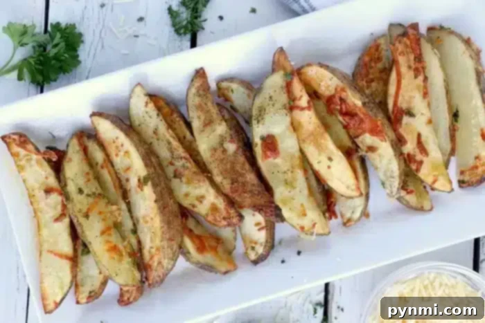 Crispy Air Fryer Potato Wedges 4 A rectangular white plate holds crispy air fryer potato wedges sprinkled with herbs and cheese. The plate rests on a white wooden surface, accompanied by a small bowl of grated cheese and a sprig of parsley nearby.