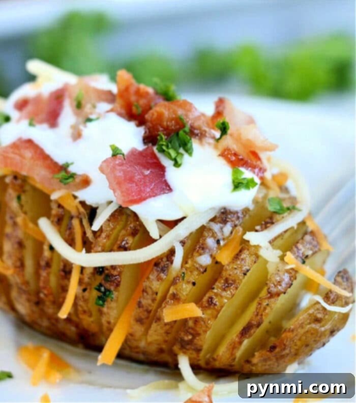 Crispy Air-Fried Hasselback Potatoes 2 Crispy Air Fryer Hasselback Potatoes topped with cheese, bacon, sour cream, and chives.