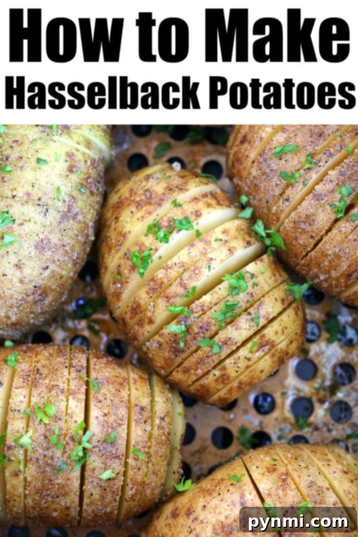 Hasselback potatoes in an air fryer are little bites of heaven! Crispy baked potatoes loaded with cheese and bacon and then topped with sour cream and chives. #airfryer #ninjafoodi #foodi #hasselbackpotatoes #bakedpotatoes #airfryerrecipes A close-up of a potato being sliced for the Hasselback technique.