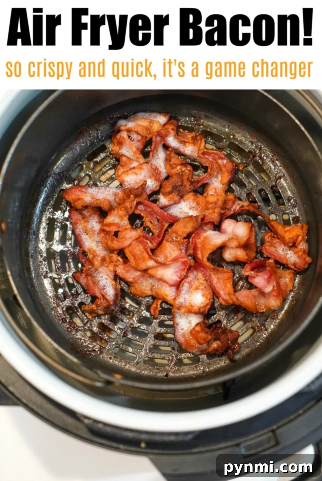 Crispy bacon sizzling in an air fryer basket, captured mid-cook to show the delicious transformation from raw to perfectly golden and crunchy.