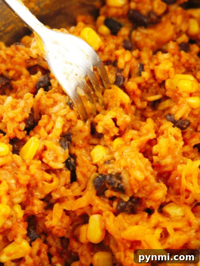 A generous serving of Instant Pot Enchilada Rice in a bowl, showing off the perfectly cooked grains, beans, and corn, with a rich sauce that promises satisfying flavor.
