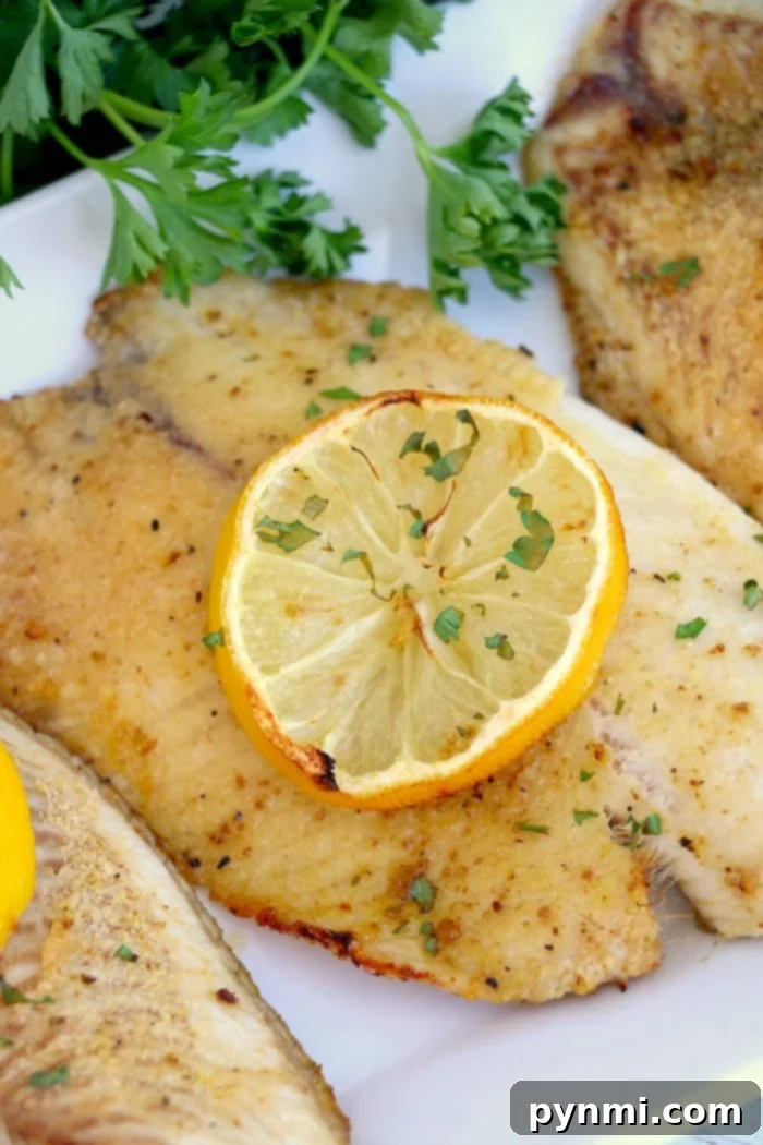 Crispy Air Fryer Frozen Fish No Breading 2 Frozen fish in an air fryer, no breading, are elegantly garnished with a lemon slice and parsley on a white plate.