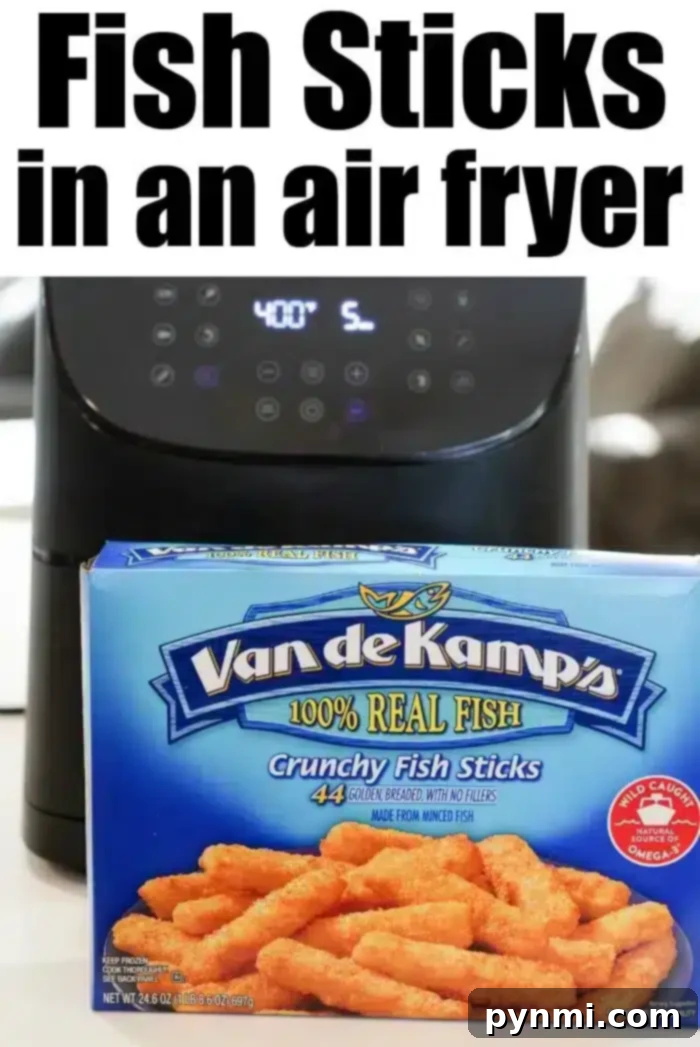 A box of Van de Kamp's air fryer fish sticks sits in front of an air fryer display showing a temperature of 400 degrees Fahrenheit, ready for cooking.