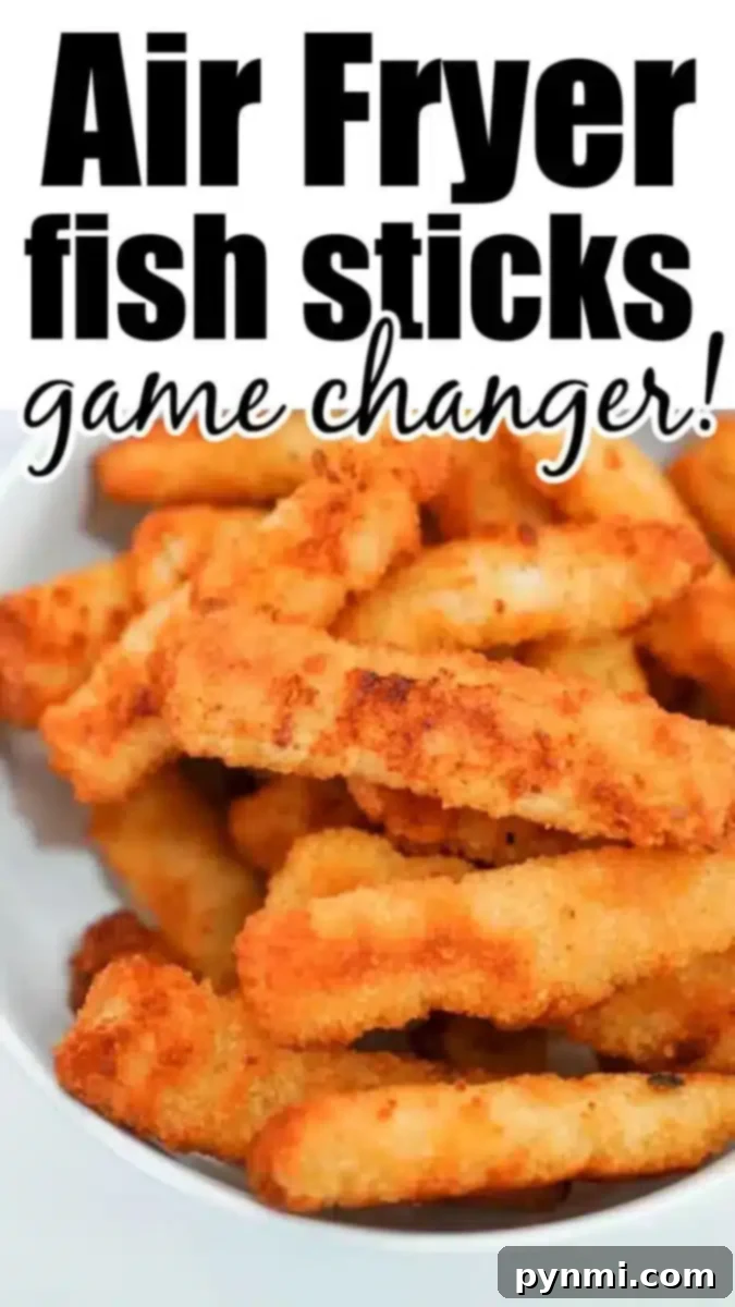 A plate showcasing a generous serving of crispy, golden-brown fish sticks. The overlay text declares: "Air fryer fish sticks: a game changer!" emphasizing their superior taste and texture.