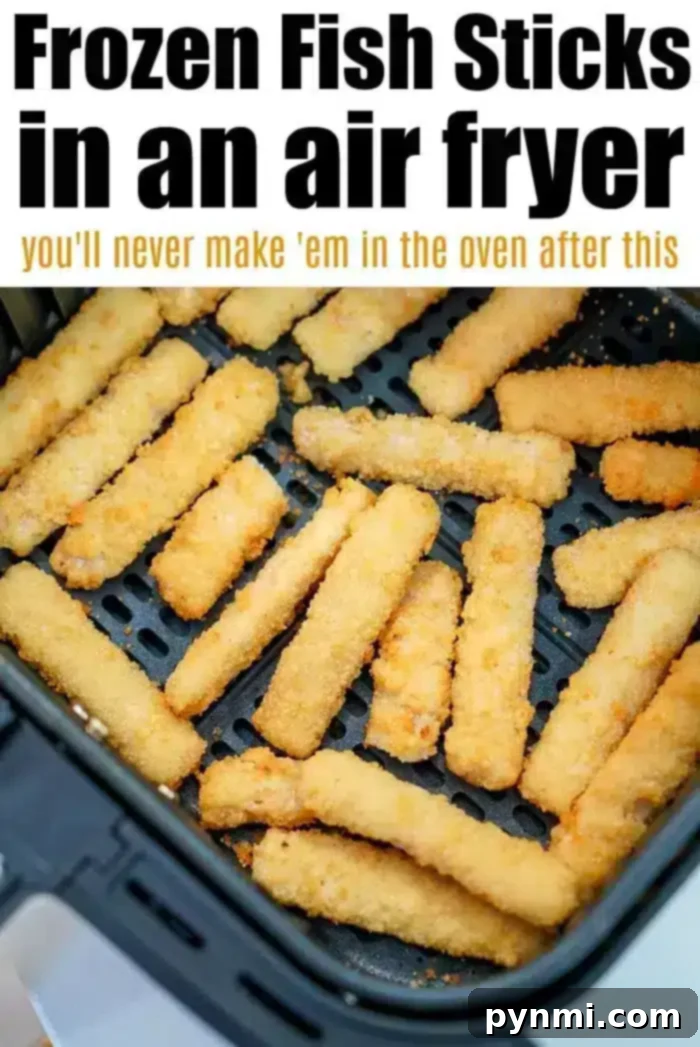 A close-up shot of frozen fish sticks meticulously arranged in an air fryer basket. A bold header reads 'Air Fryer Fish Sticks' with a subheading 'you'll never make 'em in the oven after this', highlighting the revolutionary cooking method.