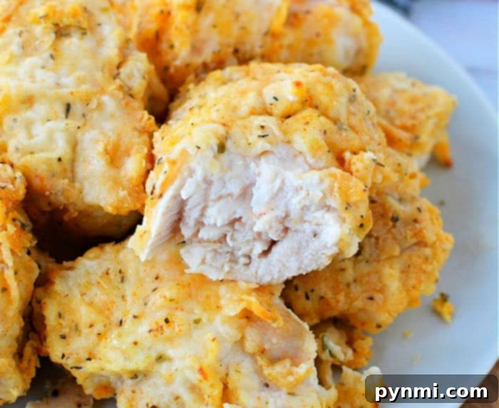 Air Fryer Chicken Perfection 7 A plate of golden brown, air fryer-fried chicken breast pieces, one with a bite taken out, reveals the tender white meat inside.