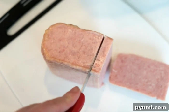 Close up of SPAM slices in an air fryer basket, ready to cook