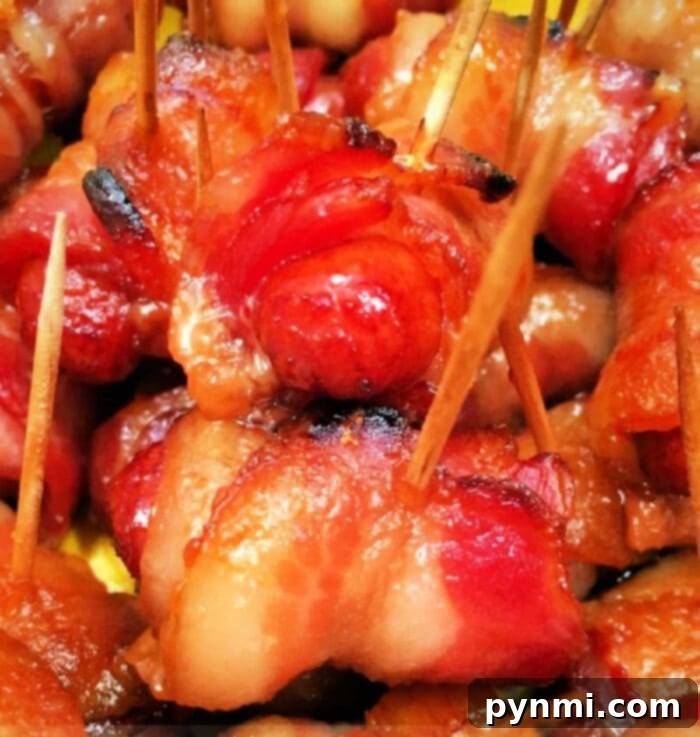 Golden Air Fryer Bacon Bites 2 Close-up image of Bacon Wrapped Smokies secured with toothpicks. The bacon is cooked to a crispy, golden-brown finish in the Ninja Foodi. The appetizers are closely packed, showcasing the texture and color variation from the caramelized and well-cooked bacon.