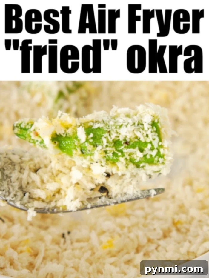 Best air fryer okra! Crispy breadcrumbs coating on the outside with tender flavorful vegetable on the inside. Great side dish or low carb snack. Close-up of golden, crispy okra in an air fryer basket