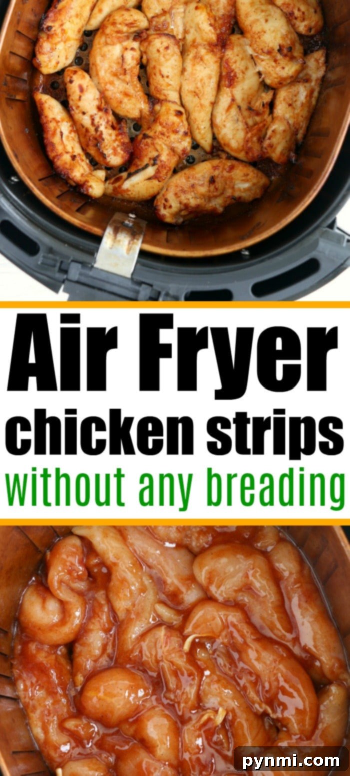 Platter of air fryer chicken strips, ready to be served, highlighting their simple preparation and delicious appeal.