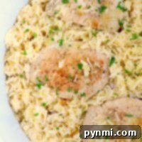 All-in-One Ninja Foodi Pork Chops and Rice 8 Rice and pork topped with parsley in a white dish, reminiscent of the comfort meals made effortlessly with a Ninja Foodi.