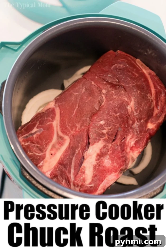 Raw chuck roast nestled alongside onion slices in an Instant Pot, creating a savory beef roast recipe that promises tender perfection.