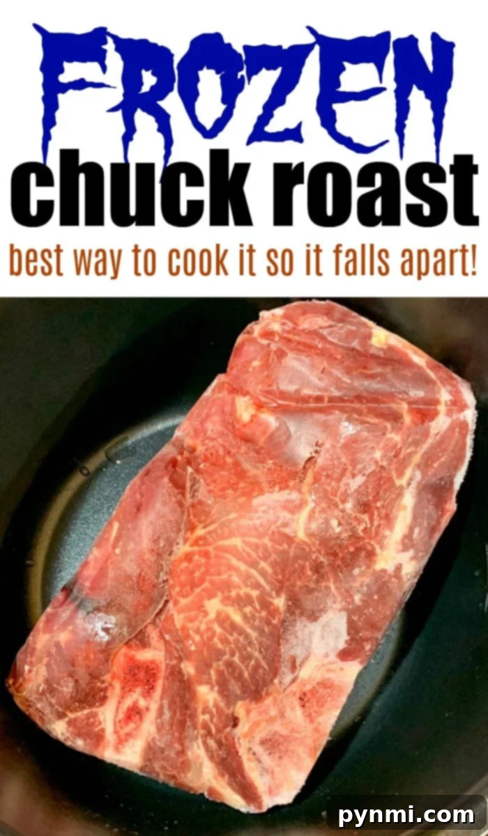 Image of a frozen chuck roast in a  pressure cooker. Text above reads, FROZEN chuck roast, best way to cook it so it falls apart—try using an Instant Pot!