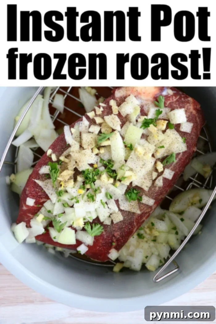 A raw frozen roast covered with chopped onions, garlic, and herbs sits inside an Instant Pot on a metal trivet. The caption reads "Frozen roast in Instant Pot magic!