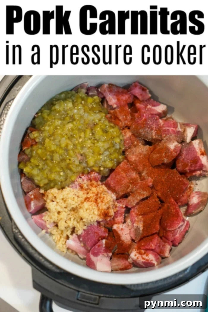 An overhead view reveals a pressure cooker brimming with raw pork chunks, vibrant green chilies, minced garlic, and bold red spices, all set for crafting delicious pressure cooker carnitas. The text above declares, "Pork Carnitas in a Pressure Cooker.