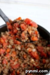 Perfect Air Fryer Stuffed Peppers 7 A spoonful of cooked ground beef with diced tomatoes and red peppers, reminiscent of an unstuffed cabbage casserole, is served over a pan filled with the same savory mixture.