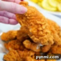 A hand holding a piece of crispy fried chicken above a plate of golden brown chicken pieces cooked to perfection, just like frozen chicken tenders prepared in an air fryer.