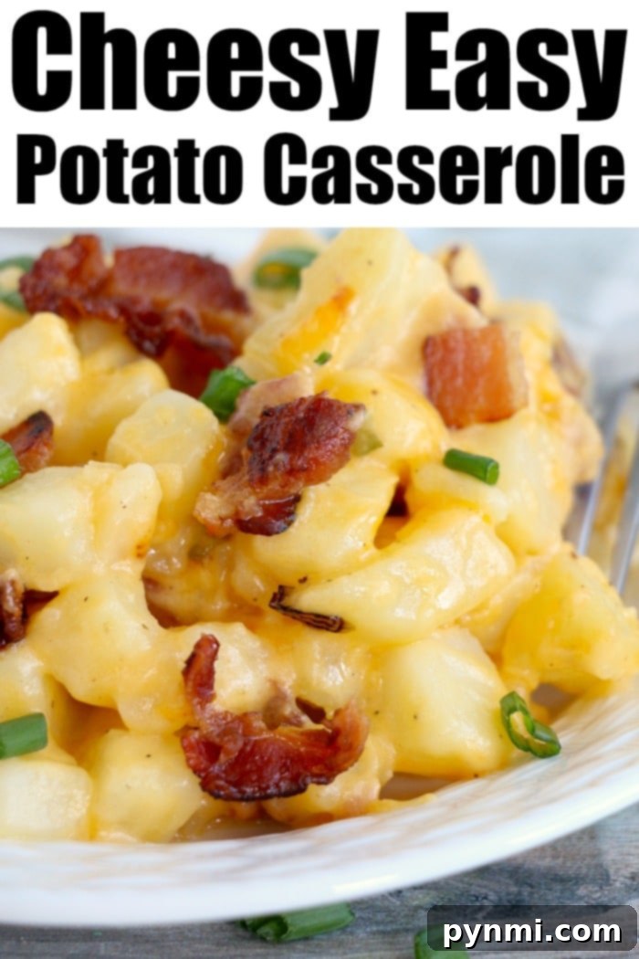 A cracker barrel style potato casserole recipe with a golden-brown top, garnished with green onions.