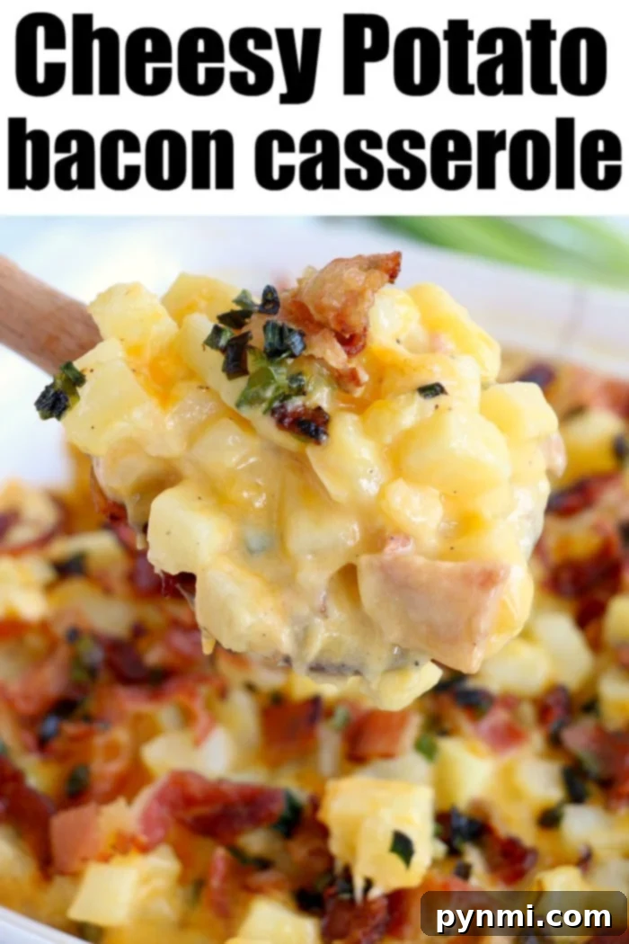 The best cheesy potato casserole recipe, featuring a bubbly, golden cheese crust and savory bacon pieces.