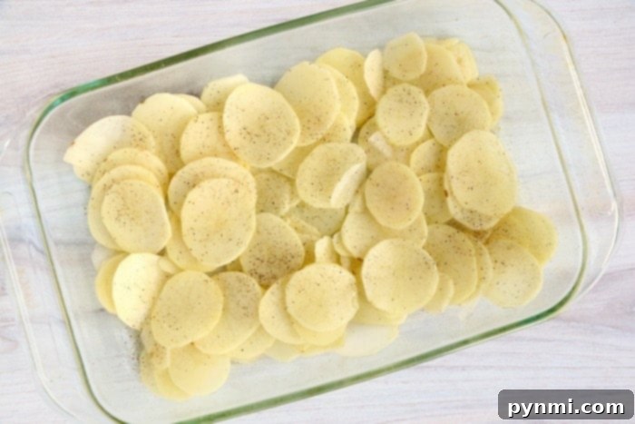 Perfectly sliced russet potatoes ready for the casserole.
