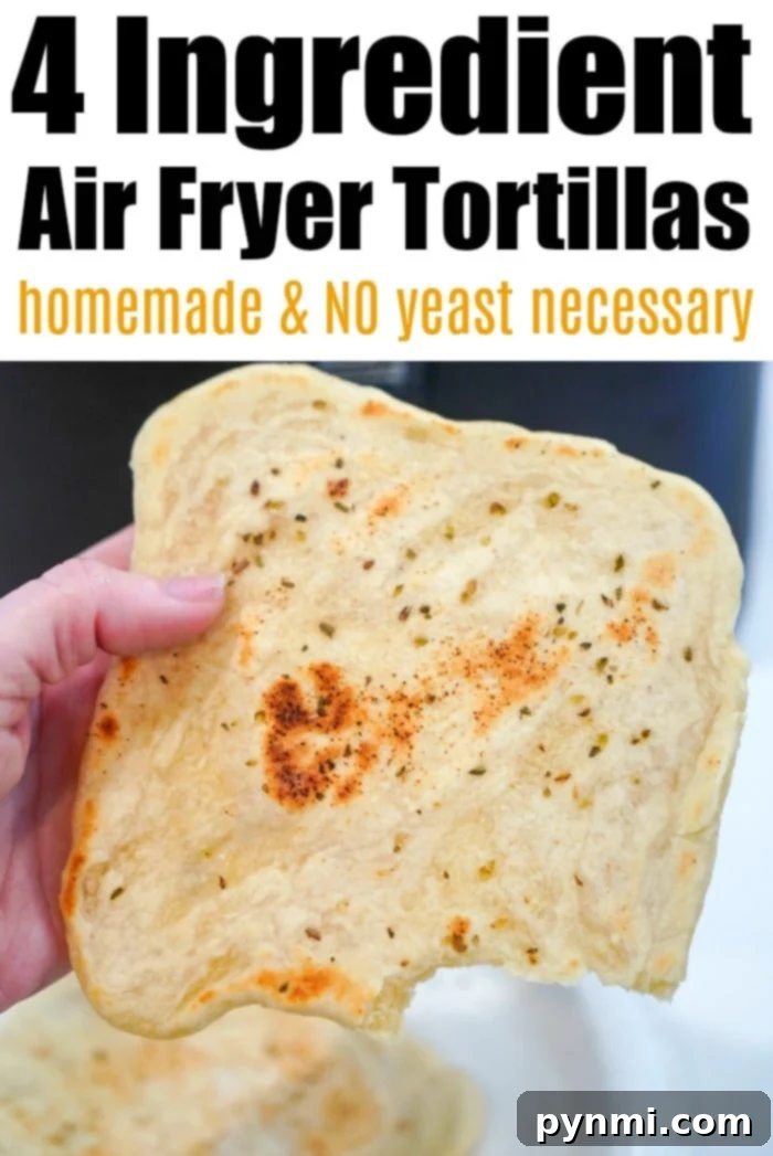 3 ingredient homemade air fryer tortillas require no yeast and take only about 20 minutes from start to finish. Great for soft tacos or quesadillas. A stack of golden-brown air fryer tortillas, showcasing the fresh, homemade texture and ready for serving.