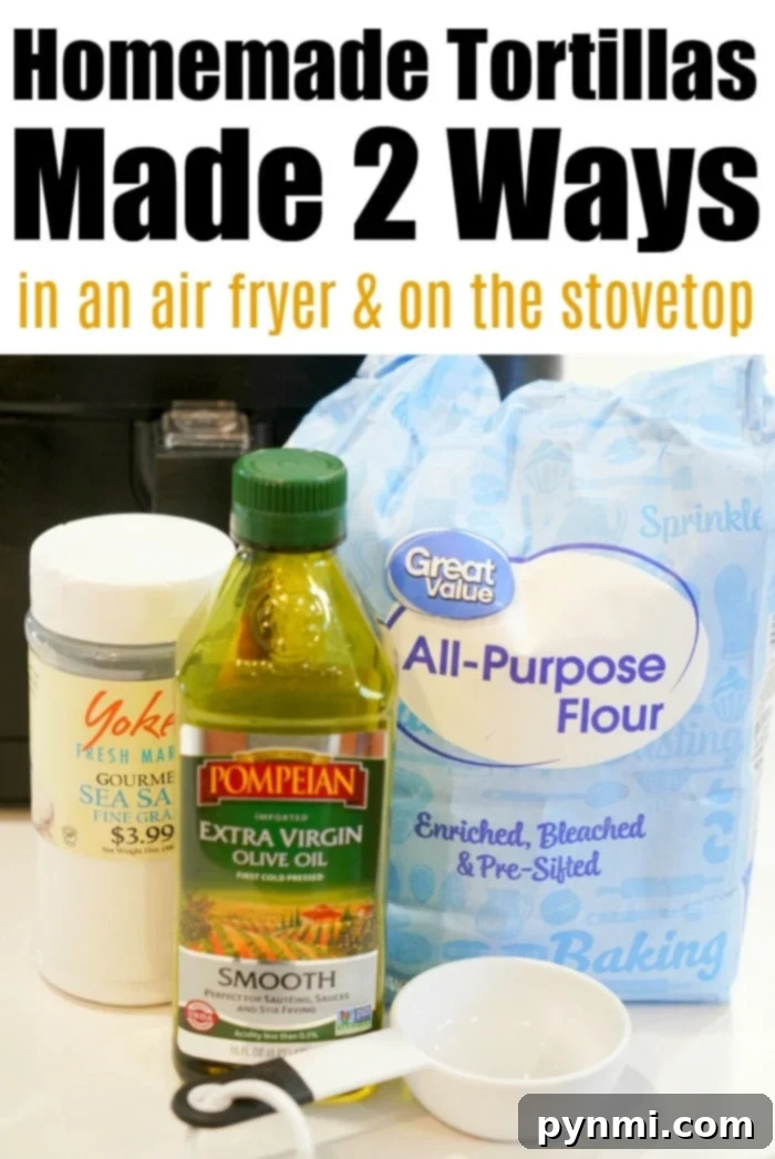 Four simple ingredients for homemade flour tortillas: flour, water, oil, and salt.