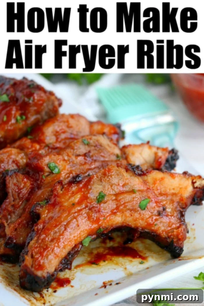Ribs in Air Fryer recipe that makes your beef or pork ribs come out tender and full of flavor. Smother with barbecue sauce and dinner is done in no time. Two racks of beautifully cooked pork ribs, glazed with barbecue sauce and garnished with fresh parsley, rest on a wooden cutting board, ready to be served from an air fryer.