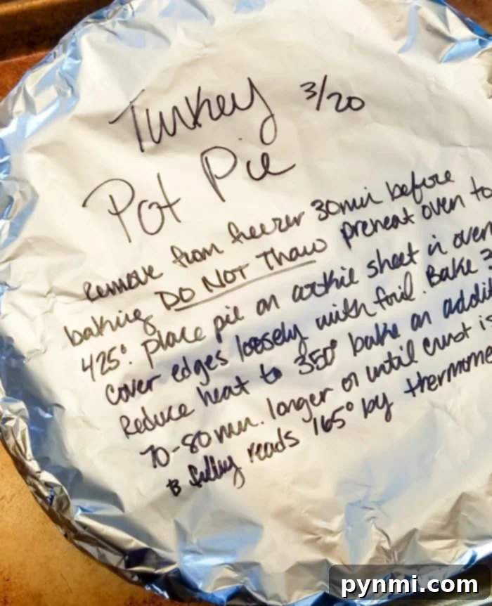 A comforting frozen turkey pot pie, ready to be baked and enjoyed as a convenient homemade meal.