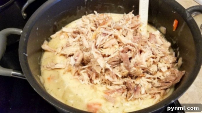 Close-up of the hearty filling for a homemade turkey pot pie, showcasing diced turkey, carrots, and potatoes.
