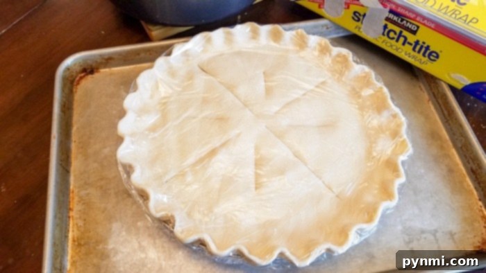 A frozen, unbaked turkey pot pie, wrapped and ready for freezer storage, simplifying future meal preparations.