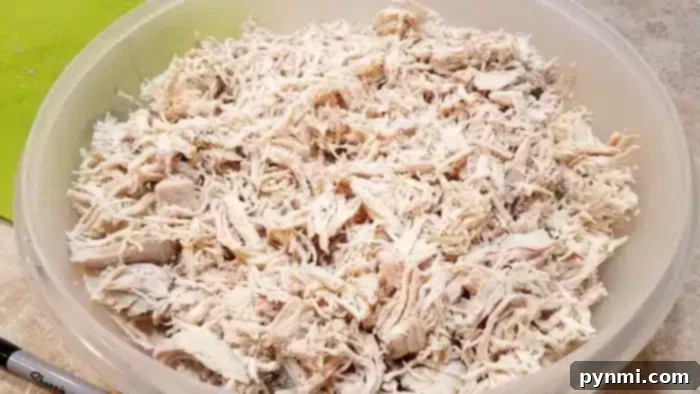 Overhead view of a pot containing boiled chicken breasts and vegetables.