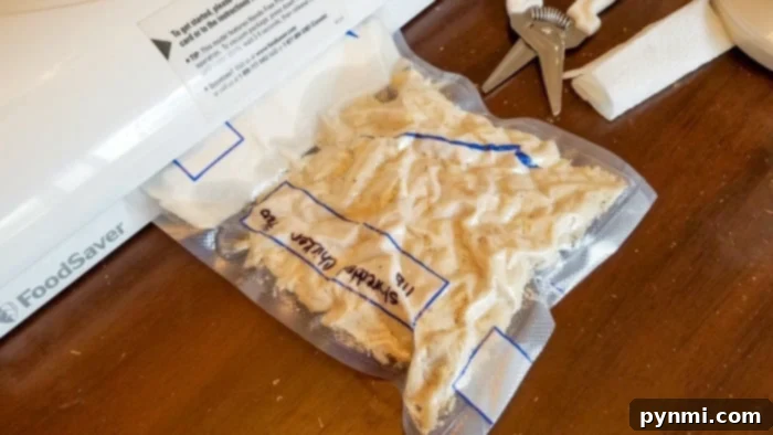 A vacuum sealing machine in action, sealing a bag of food for extended storage.