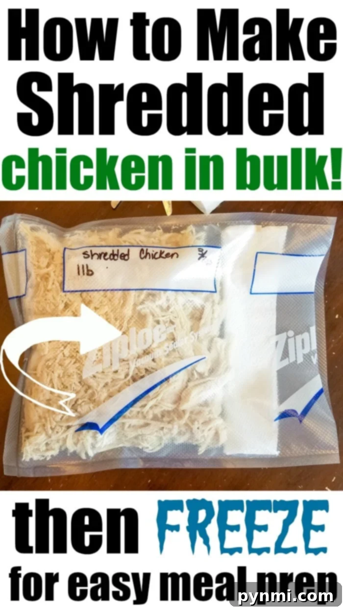 Image of shredded chicken stored in resealable plastic bags, labeled with the weight. Text on the image reads: How to Make Shredded Chicken on the Stove for Bulk Cooking! Then Freeze for easy meal prep.