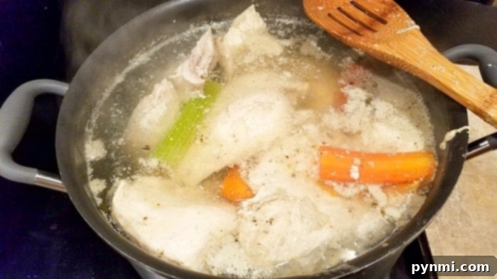 A pot of boiling water on a stove, containing pieces of chicken, carrots, and celery, producing steam. A wooden spatula rests on the pot's edge.