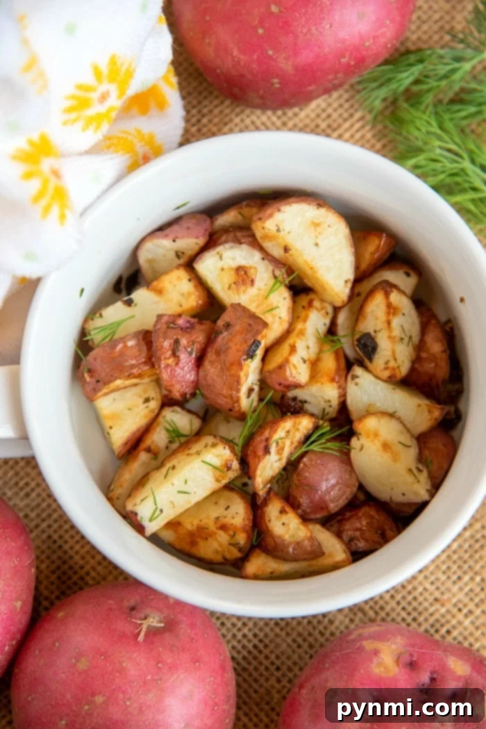 Less Is More Meals 4 Crispy Air Fryer Red Potatoes seasoned with dill, ready to be enjoyed as a simple and flavorful side dish or light lunch. This image highlights the ease of cooking with minimal ingredients in an air fryer.