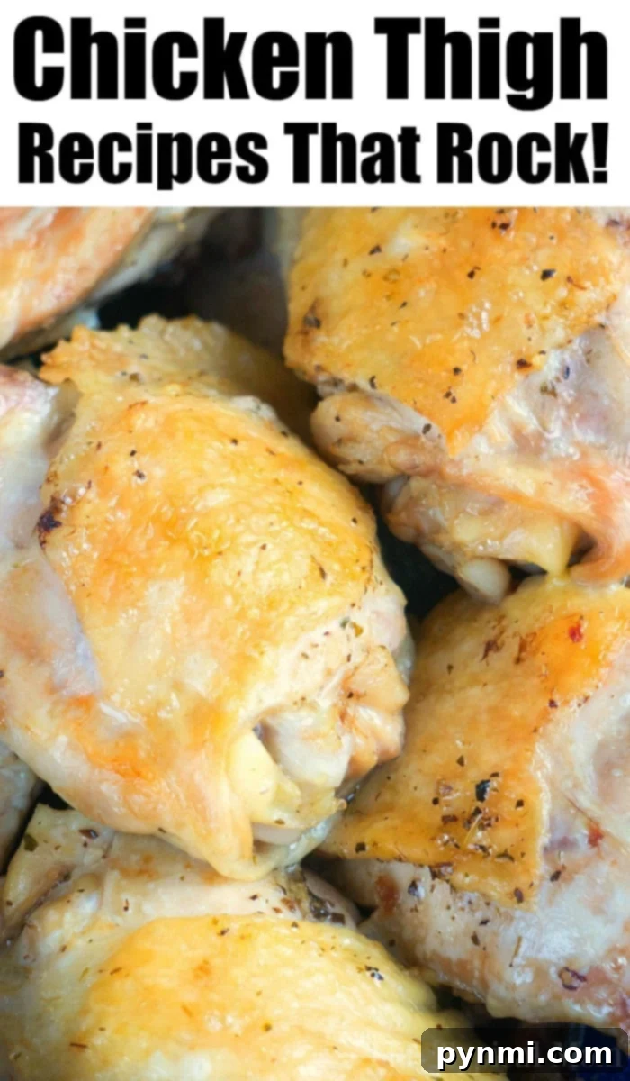 Less Is More Meals 6 Close-up of succulent roasted chicken thighs with crispy, golden skin, embodying the phrase 'Few Ingredient Chicken Thigh Recipes That Rock!'. This highlights deliciousness with simplicity.