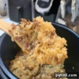 Effortless Instant Pot Ground Beef and Rice Dinner 8 A wooden spoon scoops up instant pot ground beef and rice from a pot, with a kitchen appliance in the background.