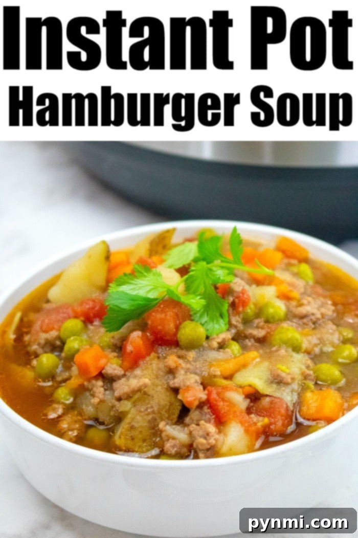 Easy Instant Pot hamburger soup recipe with vegetables, potatoes, and more! A healthy protein-packed pressure cooker soup with ground beef we love is here! Instant Pot Hamburger Soup with Potatoes and Vegetables