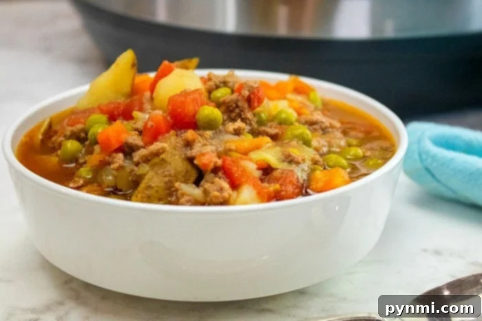 Hearty Instant Pot Hamburger Soup 4 Close-up of Ground Beef Soup
