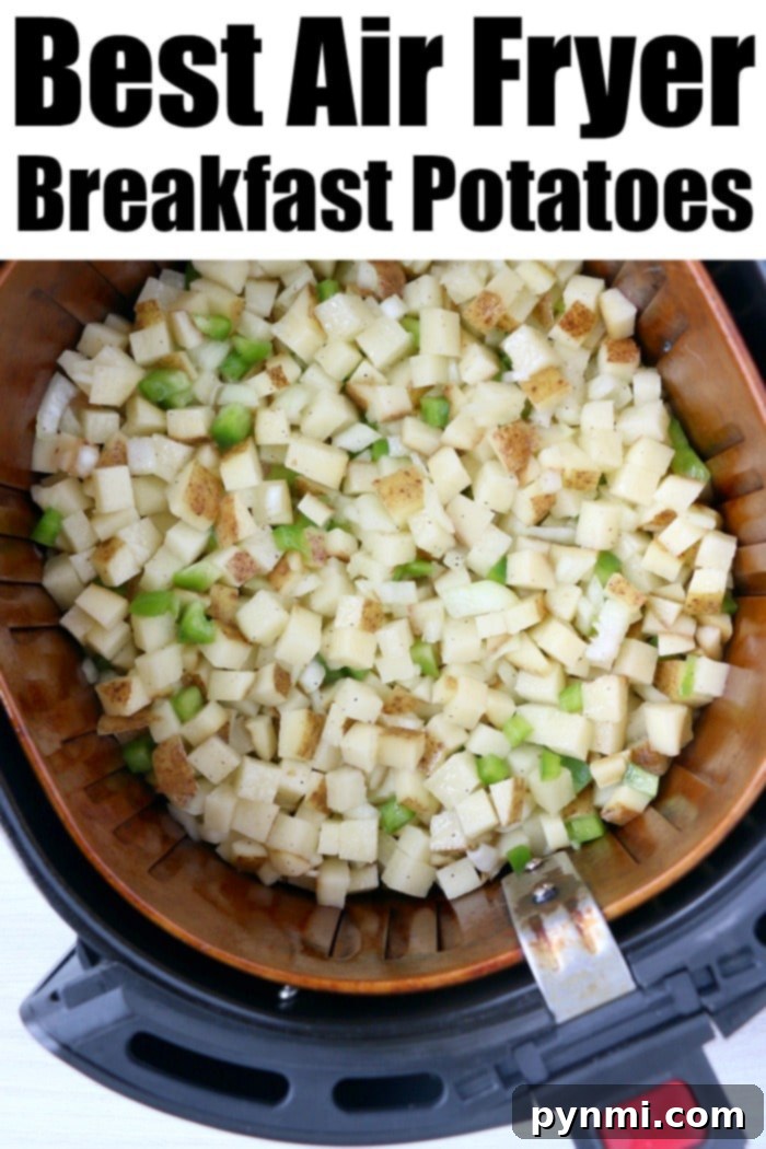 Best Air fryer breakfast potatoes with bell peppers topped with cheese are great with eggs, or make breakfast for dinner some night! Cheap and full of flavor. The best air fryer breakfast potatoes with bell peppers and cheese, perfect for a hearty breakfast or brunch.
