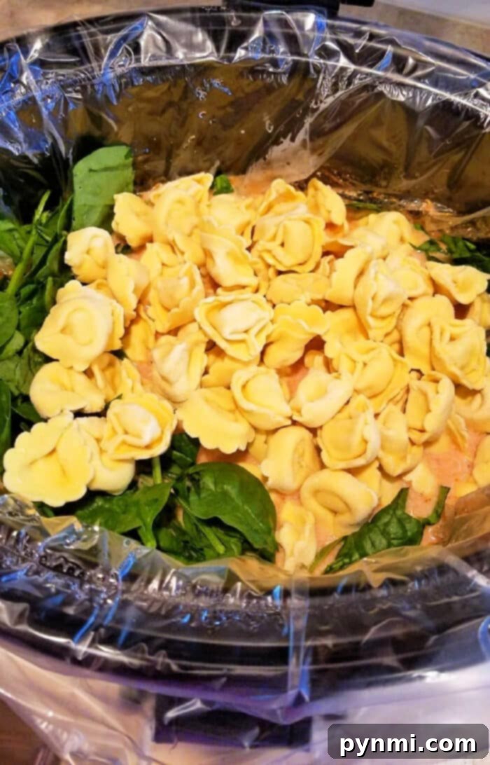 Comforting Crockpot Tortellini Soup 2 Creamy crockpot tortellini soup with spinach, served in a rustic bowl, garnished with fresh herbs.