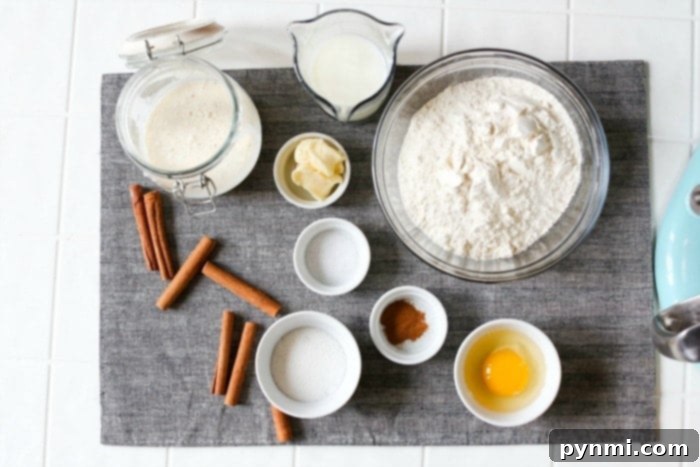 No-Waste Sourdough Cinnamon Rolls 3 A collection of fresh ingredients for no-yeast cinnamon rolls, including flour, milk, eggs, and cinnamon, perfectly laid out for baking.