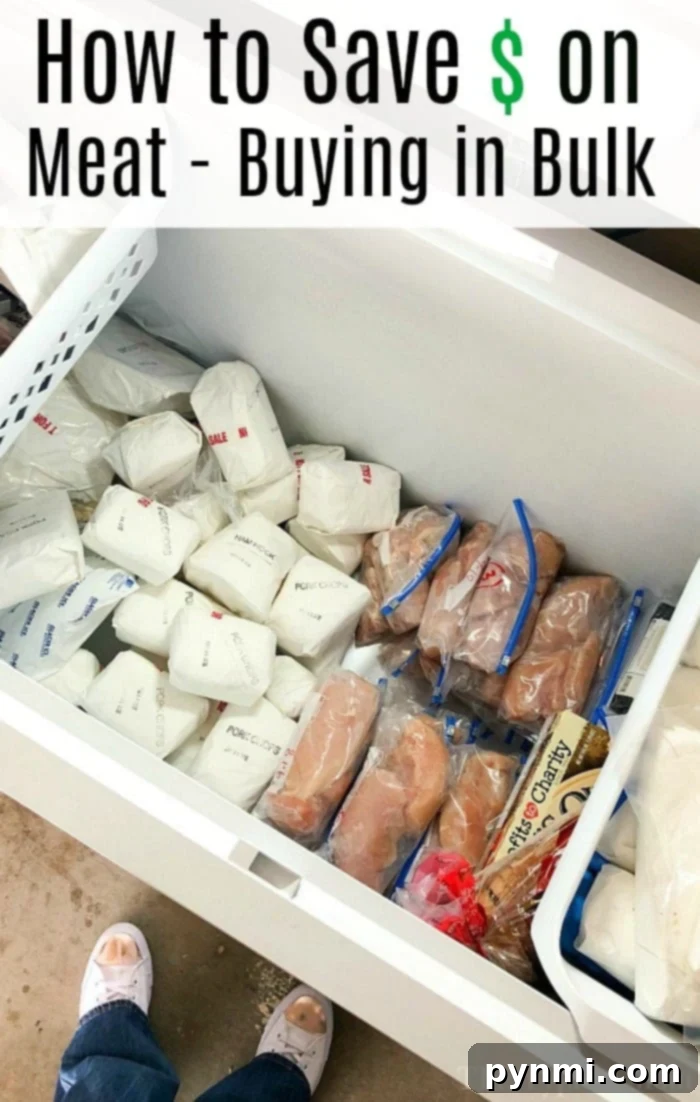 Open freezer filled with meats wrapped in white paper and plastic bags, highlighting the perks of choosing to buy bulk meat online. Casual shoes peeking from the bottom add a personal touch to this cost-effective approach.