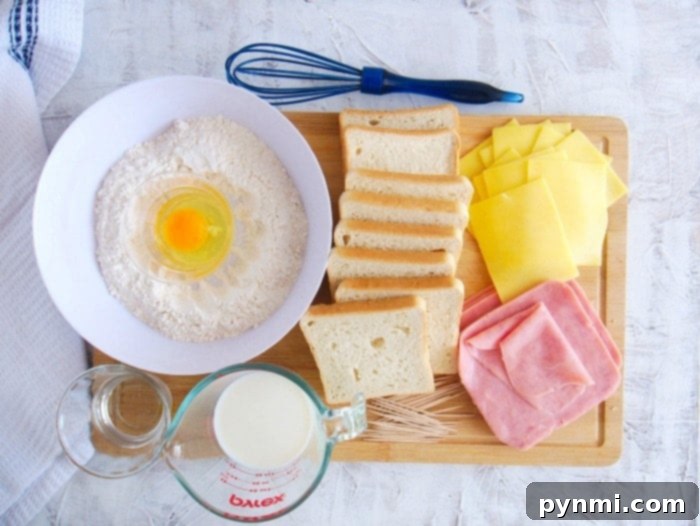 Golden Air Fryer Monte Cristo 2 Ingredients laid out for how to make a Monte Cristo sandwich
