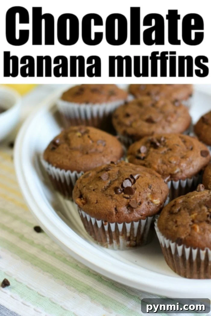 A plate of delightful chocolate banana muffins sits on a striped cloth, with the inviting text 'Chocolate Banana Muffins' above.