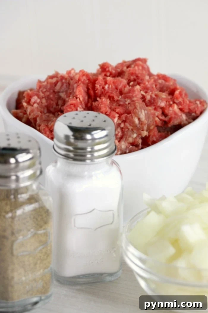 Effortless Crockpot Ground Beef Meals 3 Ground crockpot beef sits invitingly in a bowl, surrounded by salt, pepper shakers, and freshly chopped onions on a pristine white surface, ready for seasoning.