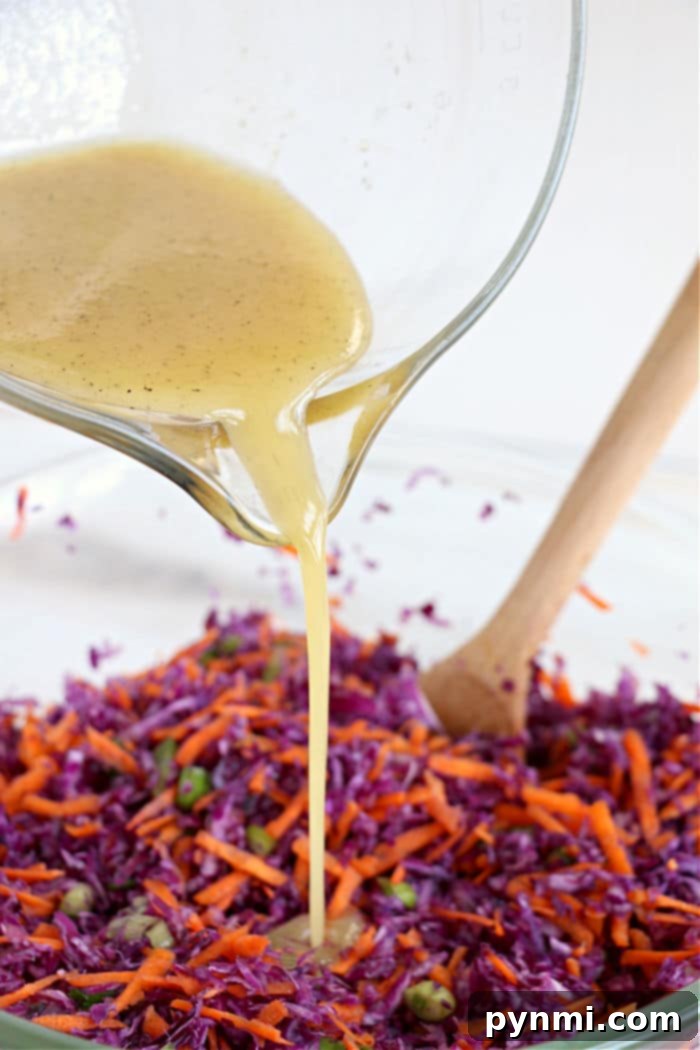 Tangy Purple Cabbage Slaw 5 A large, inviting bowl of red cabbage cole slaw, perfectly chilled and ready to be served.