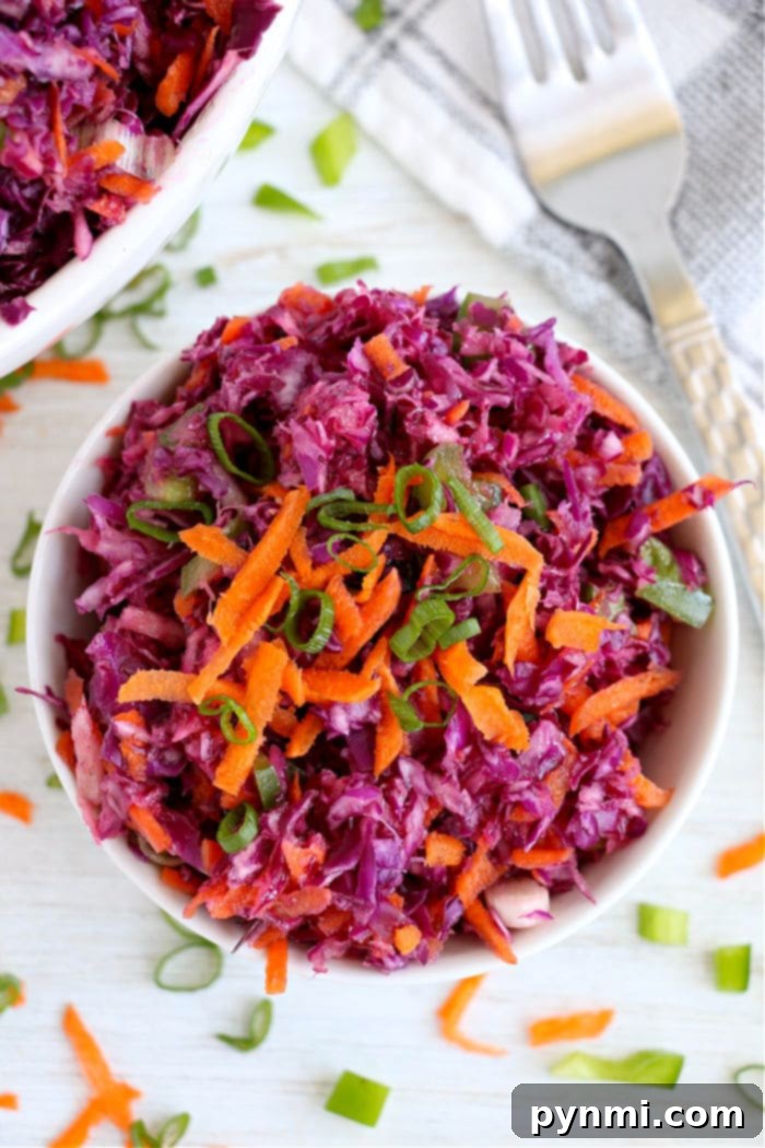 Tangy Purple Cabbage Slaw 7 Homemade red cabbage coleslaw with no mayo, showing its fresh texture and vibrant colors.